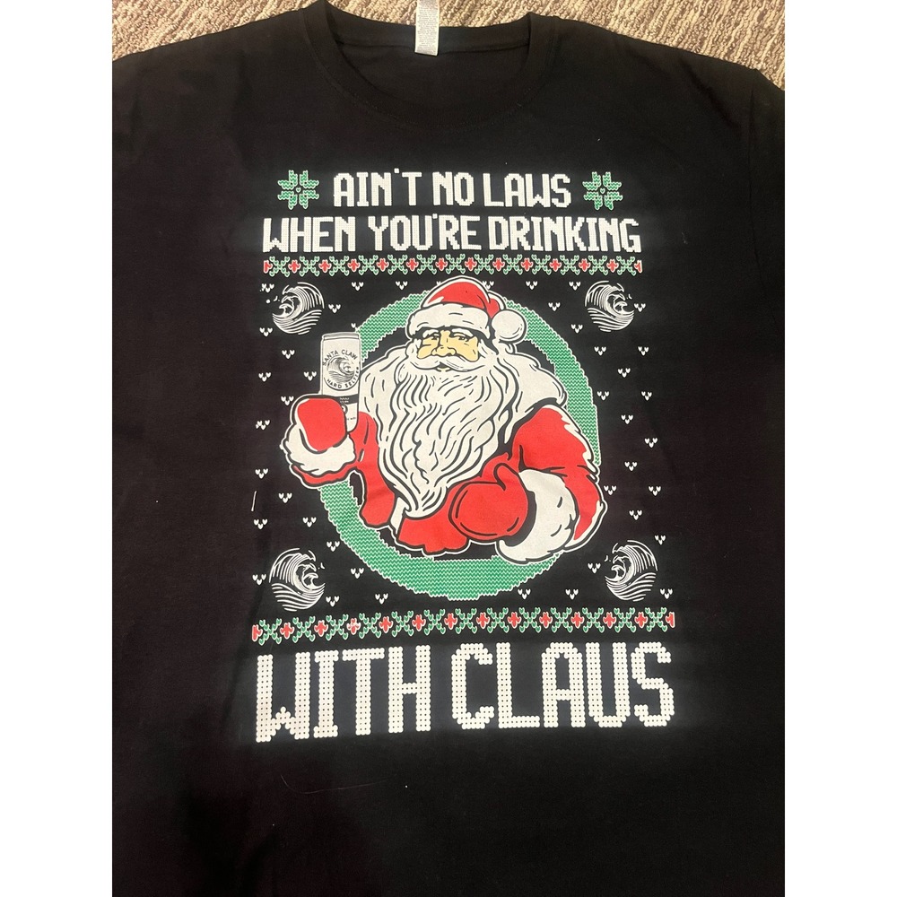 Jerzees Men Black Drinking With Claus Santa Hard Seltzer Christmas T-Shirt L